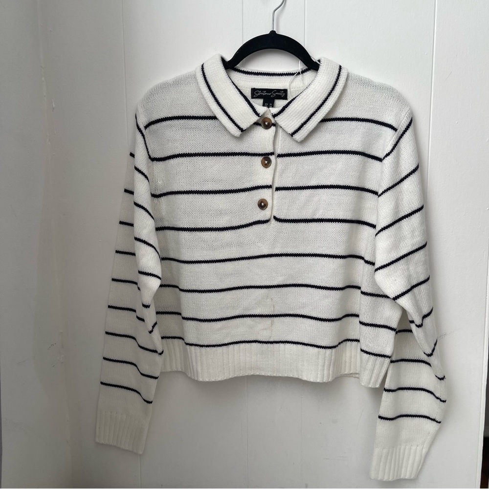 Old Money White/ Black Striped Polo Y2K Sweater,  XL Fits Like L, Preppy Casual